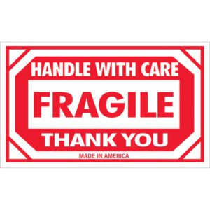 The MH-USA 3 x 5 labels feature bold red and white text: HANDLE WITH CARE, FRAGILE, and THANK YOU, with MADE IN AMERICA in small print, adding a professional touch to your packaging (500 labels per roll).