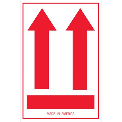 SCL832.jpg The MH-USA 4 x 6 Arrow Labels feature two red arrows over a bar with MADE IN AMERICA below, set on a white background with a bold red border. Available in rolls of 500.
