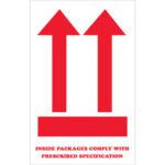 Red arrows above a rectangle with the text INSIDE PACKAGES COMPLY WITH PRESCRIBED SPECIFICATION on white. Perfect for MH-USA 4 x 8 - This End Up Labels (500/Roll).