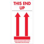 The MH-USA 4 x 8 - This End Up labels (500/Roll) display two red upward arrows and THIS END UP on top, with the phrase INSIDE PACKAGES COMPLY WITH PRESCRIBED SPECIFICATIONS at the bottom.