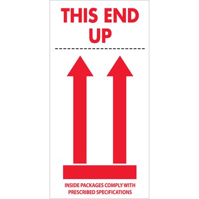 SCL904.jpg The MH-USA 4 x 8 - This End Up labels (500/Roll) display two red upward arrows and THIS END UP on top, with the phrase INSIDE PACKAGES COMPLY WITH PRESCRIBED SPECIFICATIONS at the bottom.