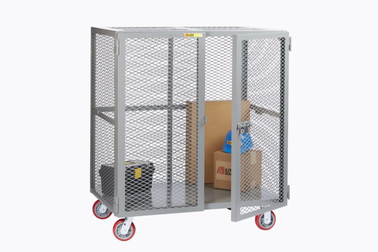 The Little Giant Heavy-Duty Mobile Storage Locker, equipped with red caster wheels and a sturdy metal security cage, features a mesh door that opens to store items like a cardboard box, blue hard hat, and paint can. Its an ideal industrial solution for storage and transportation needs.