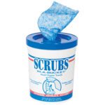 A blue-lidded container labeled SCRUBS IN-A-BUCKET displays the Scrubs In-a-Bucket® Hand Cleaner Towels (6/Case) with a blue towel partially pulled out, highlighting their convenience for cleaning anywhere, anyplace, anytime.