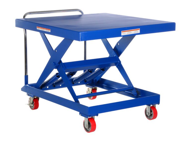 SCSC-1000-4242_A.jpg The Vestil Steel Auto-Hite Cart W/ 1000 Lb 42 X 42 has a blue scissor lift table with a flat platform, four red wheels, and a handlebar. It supports up to 1000 lbs and features a visible metal scissor mechanism underneath for smooth lifting.
