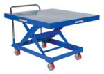 The Vestil Steel Auto-Hite Cart W/ 1000 Lb 48 X 48 has a sturdy blue scissor lift table with a flat surface, durable metal handle, and four red and gray caster wheels, supporting up to 1000 lbs.