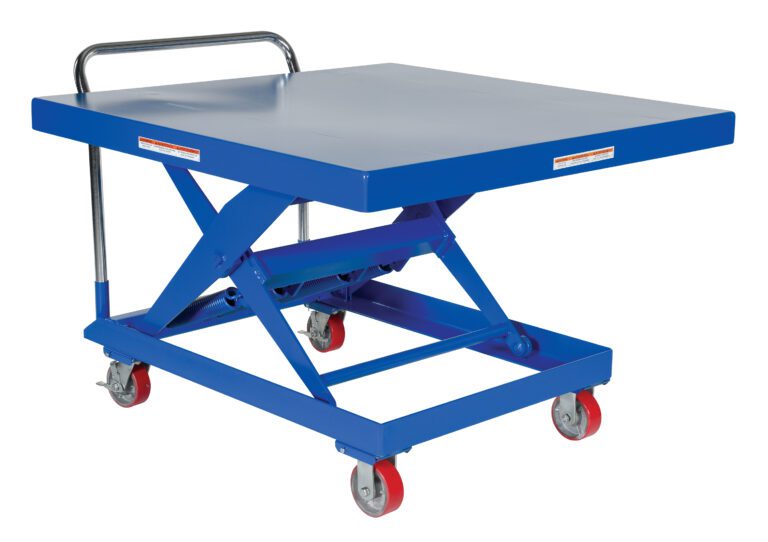 SCSC-1000-4848_A.jpg The Vestil Steel Auto-Hite Cart W/ 1000 Lb 48 X 48 has a sturdy blue scissor lift table with a flat surface, durable metal handle, and four red and gray caster wheels, supporting up to 1000 lbs.