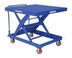 The Vestil Steel Auto-Hite Cart W/ 2000 Lb 42 X 42 features a blue steel scissor lift table with a chrome handle, four red caster wheels, and a robust support mechanism for height adjustment, supporting up to 2000 lbs on its spacious platform.