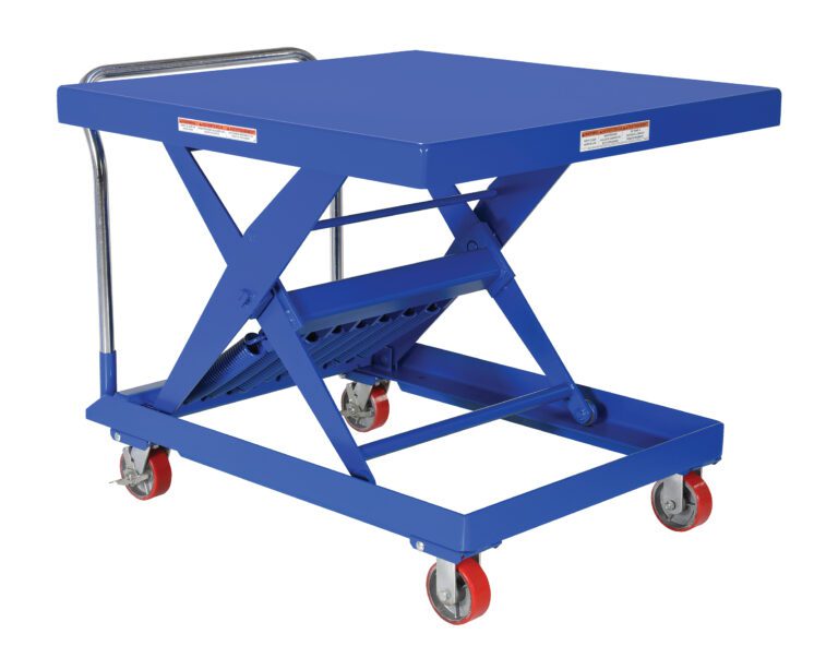 SCSC-2000-4242_A.jpg The Vestil Steel Auto-Hite Cart W/ 2000 Lb 42 X 42 features a blue steel scissor lift table with a chrome handle, four red caster wheels, and a robust support mechanism for height adjustment, supporting up to 2000 lbs on its spacious platform.