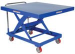 The Vestil Steel Auto-Hite Cart W/ 2000 Lb 48 X 48 is a blue hydraulic scissor lift table on four red wheels, equipped with a flat top platform and metal handle for maneuvering heavy items efficiently, designed to lift and move up to 2000 lbs with an adjustable height mechanism.