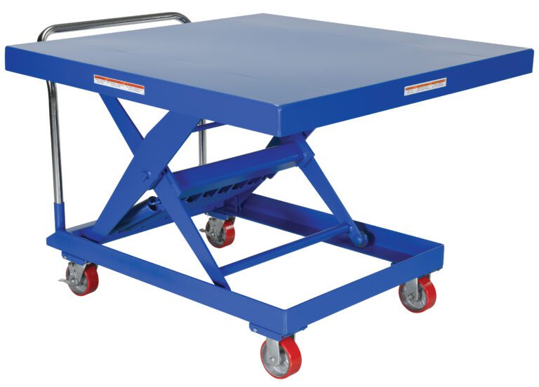 SCSC-2000-4848_A.jpg The Vestil Steel Auto-Hite Cart W/ 2000 Lb 48 X 48 is a blue hydraulic scissor lift table on four red wheels, equipped with a flat top platform and metal handle for maneuvering heavy items efficiently, designed to lift and move up to 2000 lbs with an adjustable height mechanism.