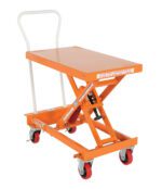 The Vestil Steel Auto-Hite Cart W/ 400 Lb 20 X 32 features an orange hydraulic lift, rectangular platform, white handle, and four red swivel wheels. It includes visible springs and cautionary labels for easy heavy item transport.