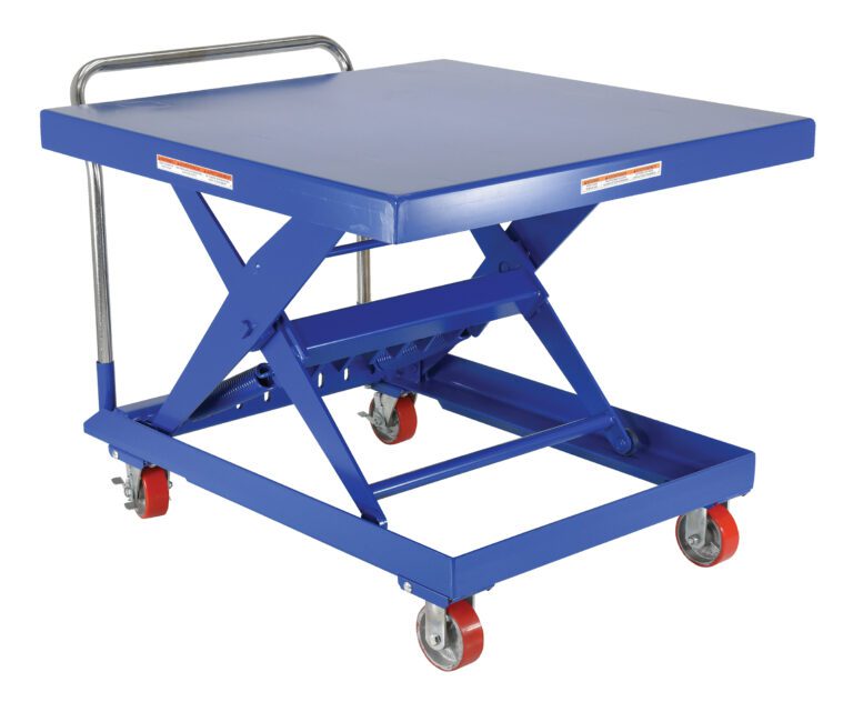 SCSC-500-4242_A.jpg The Vestil Steel Auto-Hite Cart W/ 500 Lb 42 X 42 features a blue scissor lift table with a flat top, silver handle, and four red wheels. It is designed for lifting and transporting heavy items, supporting up to 500 lbs on its spacious platform.