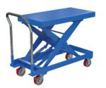 The Vestil Steel Auto-Hite Cart W/ 750 Lb 20.3X40.3 is a blue hydraulic lift cart with a rectangular platform, chrome handle, scissor lift mechanism, and four red wheels, ideal for transporting or lifting up to 750 lbs in industrial or warehouse settings.