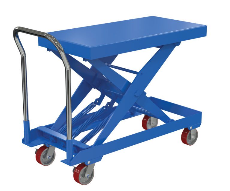 SCSC-750-2040_A.jpg The Vestil Steel Auto-Hite Cart W/ 750 Lb 20.3X40.3 is a blue hydraulic lift cart with a rectangular platform, chrome handle, scissor lift mechanism, and four red wheels, ideal for transporting or lifting up to 750 lbs in industrial or warehouse settings.