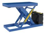 The Vestil Scissor Lift Table features a blue design with a 20x40 rectangular platform, 1000 lb capacity, yellow support arm, and a black motorized AC component.