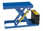 The Vestil Scissor Lift Table 20X40 1000 Lb 12Dc features a blue hydraulic lift with a yellow pump. Its rectangular platform is supported by a crisscross metal frame and includes an integrated control unit with buttons.