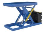 The Vestil Scissor Lift Table 20X40 2000 Capacity AC has a blue rectangular platform, a yellow support bar, and a black mechanical component for efficient operation. Its compact industrial design supports versatile heavy-duty tasks.