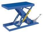 The Vestil Scissor Lift Table 20X40 2000 Foot Pump features a blue metal frame with yellow handle, scissor arms, and hydraulic cylinders, making it perfect for effortless lifting and lowering of heavy items.