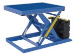 The Vestil Scissor Lift Table 32X40 2000 Lb 12Dc is a blue hydraulic lift with a flat platform, sturdy X-shaped metal supports, a yellow handle, and a black control box for efficient use.