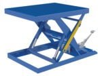 The Vestil Scissor Lift Table 32X40 2000 Foot Pump has a blue rectangular platform, hydraulic mechanism, yellow lever, and foot pump for easy lifting and lowering of loads up to 2000 pounds.
