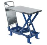 The Vestil Foot Pump Scissor Lift 400 Lb 17.7X27.6 is ideal for lifting heavy objects, featuring a blue metal frame, a flat 17.7x27.6 platform, visible robust hydraulic components, and a convenient handle for easy movement.