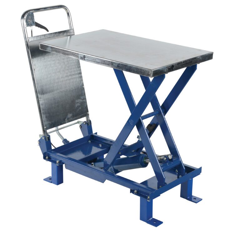 The Vestil Foot Pump Scissor Lift 400 Lb 17.7X27.6 is ideal for lifting heavy objects, featuring a blue metal frame, a flat 17.7x27.6 platform, visible robust hydraulic components, and a convenient handle for easy movement.