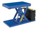 The Vestil Scissor Lift Table 20X33 500 Capacity Ac boasts a robust blue rectangular platform and supports up to 500 lbs. Its hydraulic system includes blue scissor bars, with the black and yellow AC motor housing efficiently placed on the side.