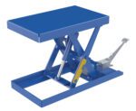 The Vestil Scissor Lift Table 20X33 500 Foot Pump, with a manual handle and sturdy industrial design, is perfect for lifting heavy items. Its blue hydraulic system ensures efficiency and reliability in demanding environments.