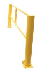 The Vestil Swivel Dock Gate Pair for a 10 ft door, shown from an angled view, features a yellow metal safety barrier with a sturdy base and two vertical posts connected by a horizontal rail, perfect for industrial and safety applications.