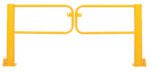 The Vestil Swivel Dock Gate Pair for 8 ft Door is ideal for industrial or construction settings, featuring a yellow gate with two vertical posts and a horizontal swing bar. It opens centrally with attached hooks for secure latching.