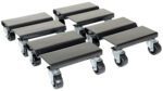 The Vestil Steel Dolly Set includes four 8L x 8W dollies, each featuring a flat rectangular surface and silver swivel casters on black. Designed for effortless moving, these are arranged in two rows.