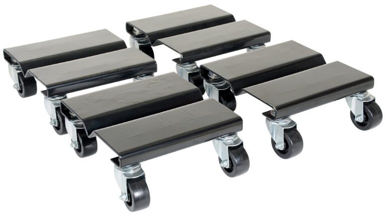 SDOL-4_A.jpg The Vestil Steel Dolly Set includes four 8L x 8W dollies, each featuring a flat rectangular surface and silver swivel casters on black. Designed for effortless moving, these are arranged in two rows.