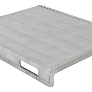 The Vestil Solid Steel Deck Pallet 39.5 X 47 X 6.5 is a silver metal pallet with a flat, solid top and four rectangular side openings for handling, ideal for industrial or warehouse use.