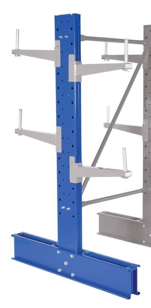 The Vestil Std Cantilever Dbl Upright 10Ft 12Arm features a blue support column and gray adjustable arms. Designed for heavy-duty storage with easy customization through holes, it includes cross-bracing for stability.