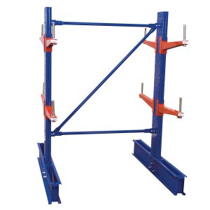 The Vestil Std Cantilever 6 Dbl Upright Md 24 Set is a blue and orange industrial rack designed for storing long, bulky items. Its sturdy frame and adjustable arms deliver excellent versatility in storage solutions.