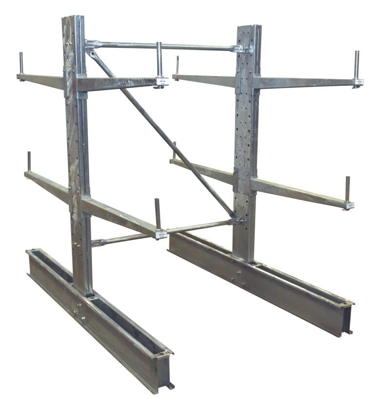 SDU-C-6-36-G-SET_A.jpg The Vestil Cantilever Galv 6 Ft Dbl Side 36 Arm Set boasts a metal frame with horizontal beams, vertical supports, adjustable components, and cross-bracing for heavy-duty use, all stabilized on two parallel base beams.