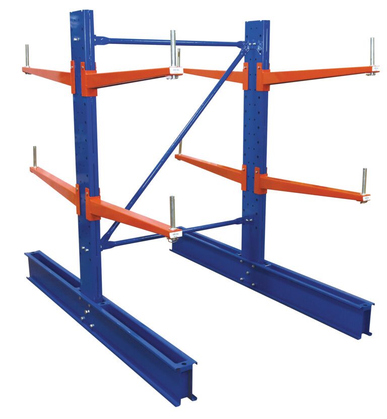 Discover the Vestil Std Cantilever 6 Dbl Upright Md 36 Set, a blue and orange metal rack designed for long, heavy items. It features vertical supports, horizontal arms, and cross-bracing for stability, all against a plain white background.