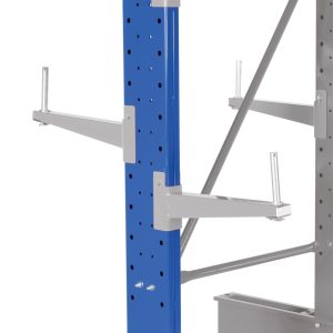 The Vestil Std Cantilever Dbl Upright 8Ft 12Arm, in blue and gray, features a perforated design for adjustable mounting with a sturdy base, ideal for efficient material organization in industrial settings.