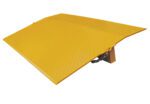 The Vestil Steel Truck Dockplate, in yellow with a textured surface and slight incline, bridges gaps between docks and truck beds for loading. Featuring side chains, it supports up to 5000 lb and measures 48 x 30 inches.