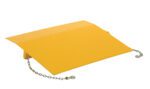 A bright yellow Vestil Steel Truck Dockplate 3860 Lb 72 X 60 features a textured surface and attached chains, supports up to 3860 lbs, positioned against a white background with the leveler in an angled view.