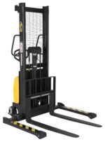 The Vestil Hand Pump/Dc Stacker 63 In Adj Fork/Leg sports a black and yellow design with adjustable forks reaching up to 63 inches. Its vertical lifting is aided by wheels, and safety is enhanced by protection labels and a mesh guard on the frame.