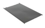 The Vestil Hand/Powered Stacker Platform is a rectangular metallic panel with a dark gray finish, clean edges, and a slightly reflective horizontal surface. It features two small hooks on one edge and has a smooth texture.