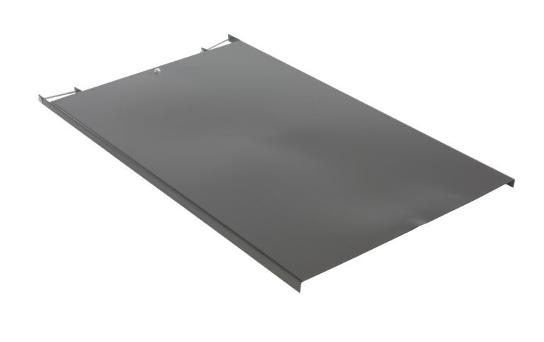 The Vestil Hand/Powered Stacker Platform is a rectangular metallic panel with a dark gray finish, clean edges, and a slightly reflective horizontal surface. It features two small hooks on one edge and has a smooth texture.