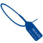 The MH-USA 9 Blue Pull-Tight Seals feature a flexible blue plastic loop and rectangular tag labeled SEALED with the number 0275691 in white text. Available in cases of 100, they offer reliability and convenience for your security needs.