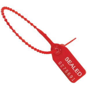 The MH-USA 12 Red Pull-Tight Seals (100/Case) are red plastic security seals with a ribbed strap, marked SEALED 02756691, ideal for tamper-proofing items.