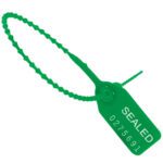 A green plastic security seal from the MH-USA 15 Green Pull-Tight Seals set features a looped tail. The tag is marked SEALED and includes the number 0275691.