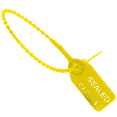 SE1009Y.jpg The MH-USA 15 Yellow Pull-Tight Seal is a plastic security seal with a flexible serrated strap, displaying SEALED and the number 0275691 in white. The strap loops into the lock, and each case contains 100 seals.