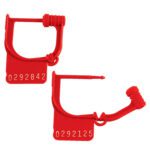 Displayed are two MH-USA Red Easy Lock Seals (1000/Case) with unique numbers 0292842 and 0292125. These red plastic seals have a looped design and secure locking mechanism, ideal for bulk needs.
