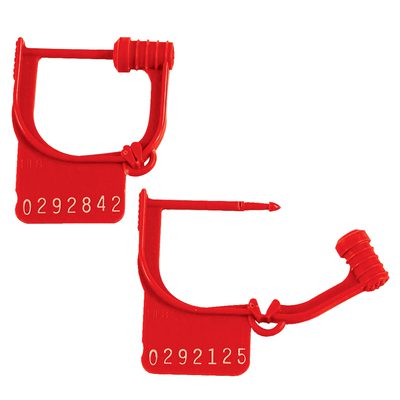 SE1021R.jpg Displayed are two MH-USA Red Easy Lock Seals (1000/Case) with unique numbers 0292842 and 0292125. These red plastic seals have a looped design and secure locking mechanism, ideal for bulk needs.