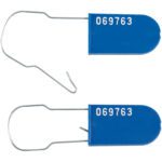Two MH-USA Blue Wire Padlock Seals (1000/Case), each numbered 069763 in white, are displayed. One is unbroken; the other shows severed wire ends, illustrating secure and reliable sealing solutions.